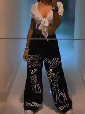 SHEIN Black Wide-Leg Graphic Print Pants